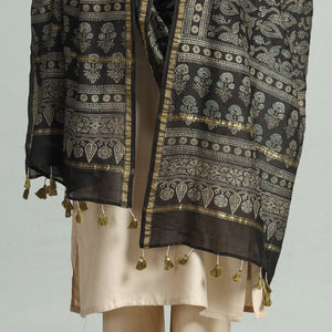 Black - Hand Block Print Chanderi Silk Ajrakh Dupatta 77