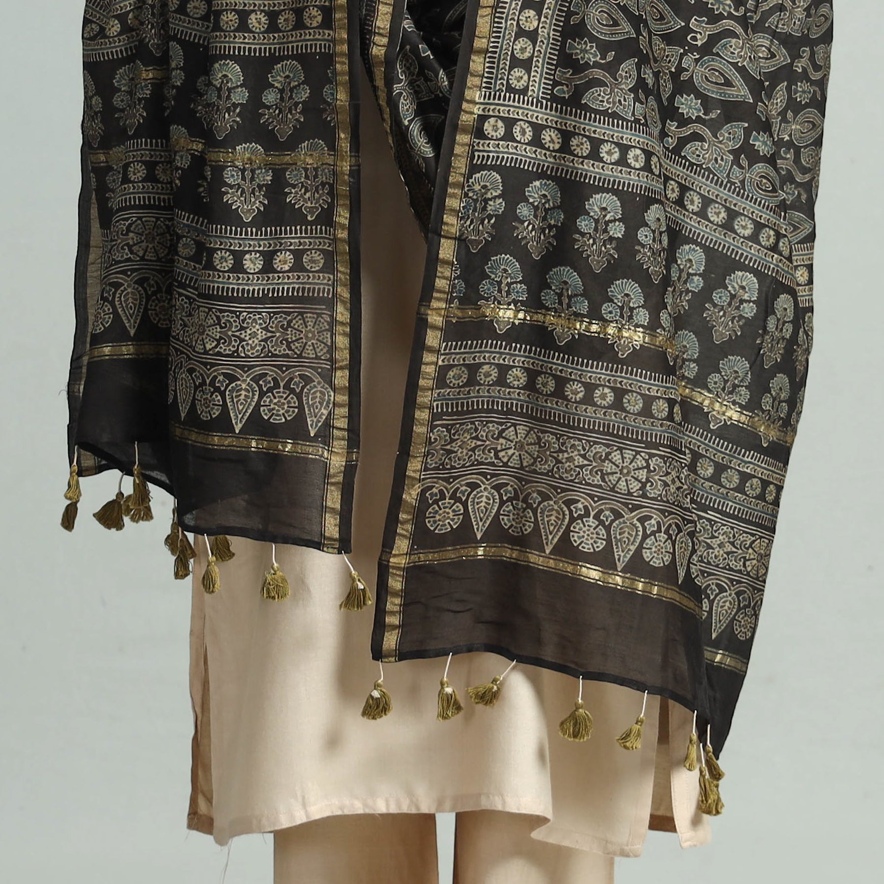 Black - Hand Block Print Chanderi Silk Ajrakh Dupatta 77