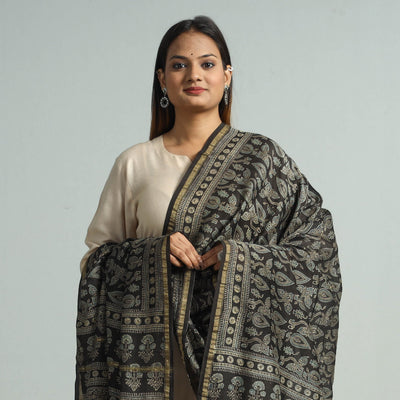 Black - Hand Block Print Chanderi Silk Ajrakh Dupatta 77