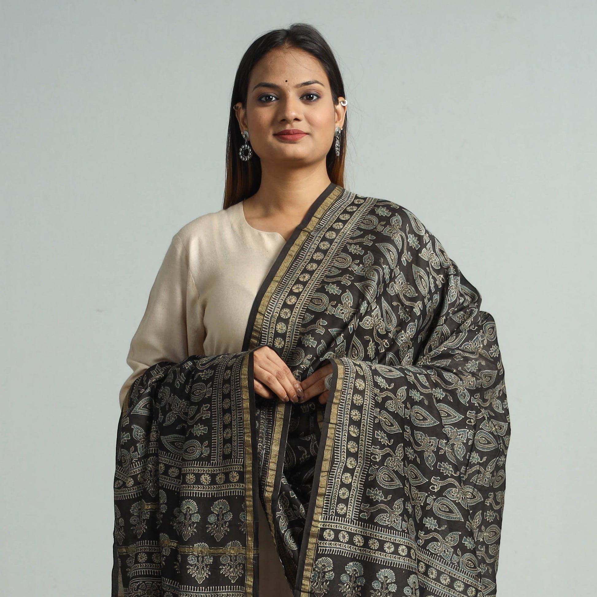 Black - Hand Block Print Chanderi Silk Ajrakh Dupatta 77