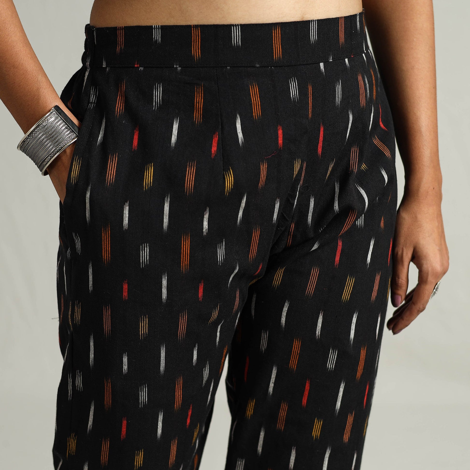 Black - Pochampally Ikat Weave Cotton Elasticated Pant 02