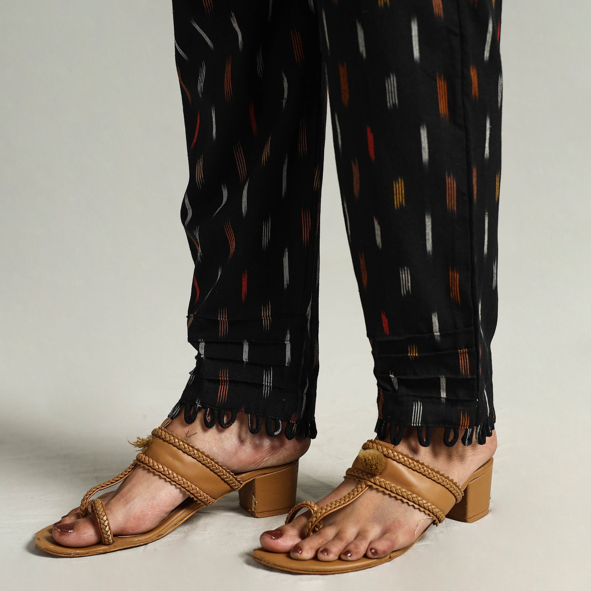 Black - Pochampally Ikat Weave Cotton Elasticated Pant 02