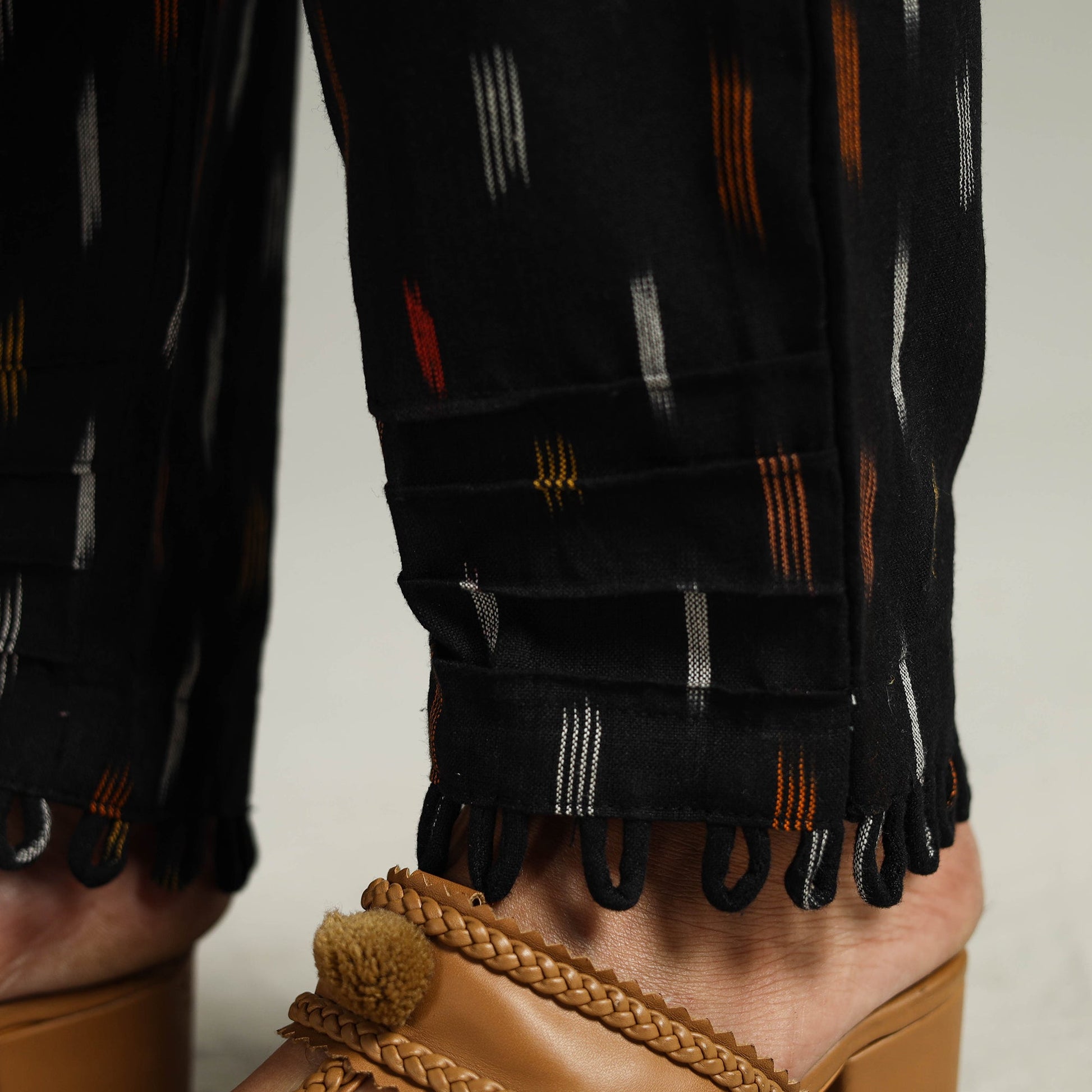 Black - Pochampally Ikat Weave Cotton Elasticated Pant 02