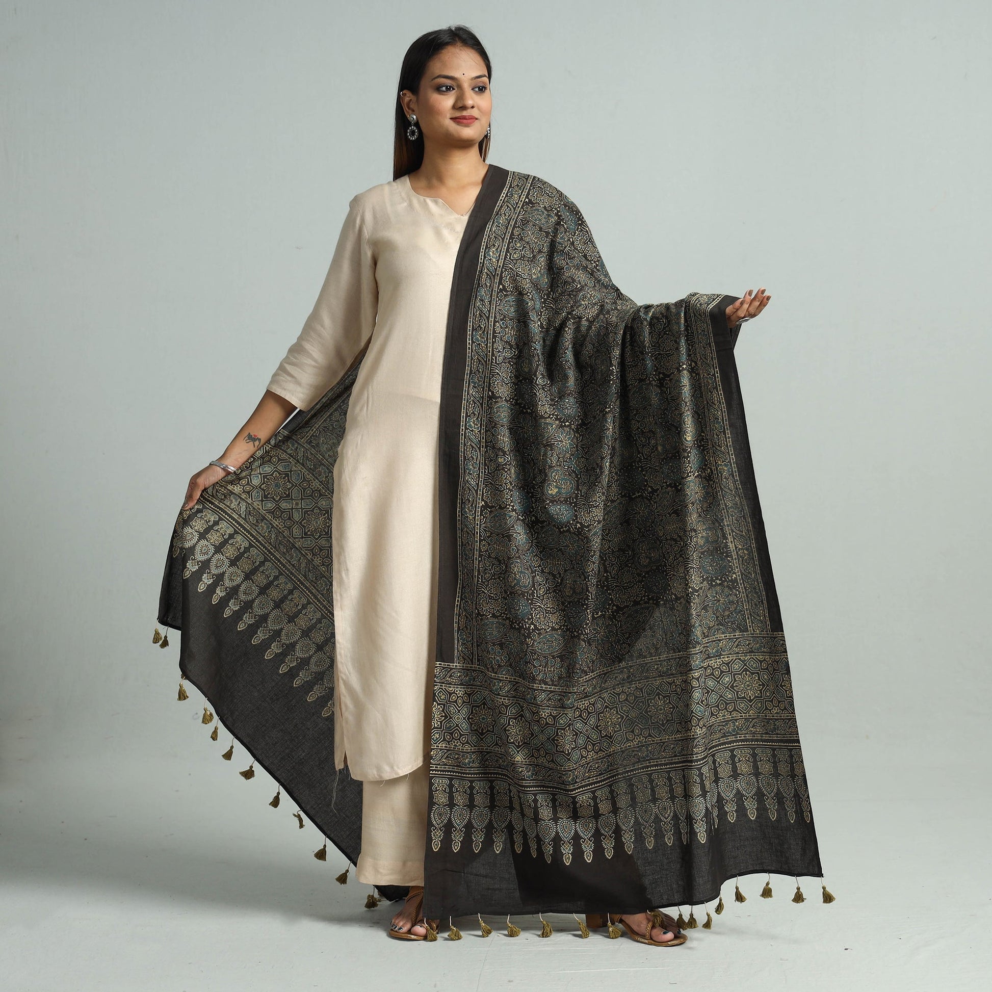 Brown - Hand Block Printed Cotton Ajrakh Dupatta 80