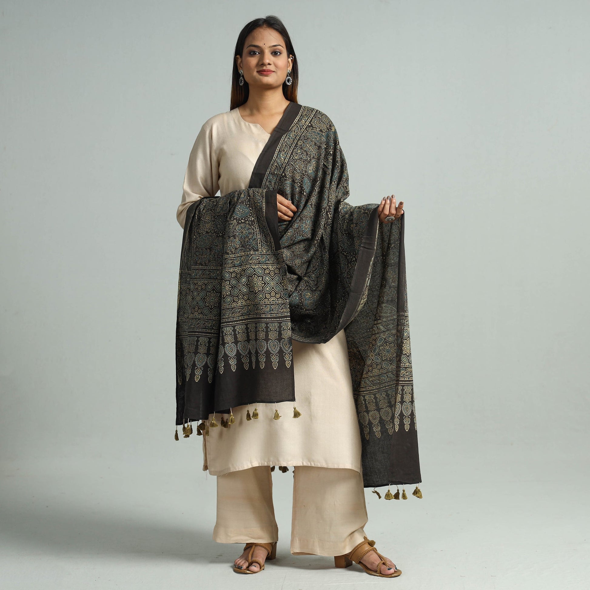 Brown - Hand Block Printed Cotton Ajrakh Dupatta 80
