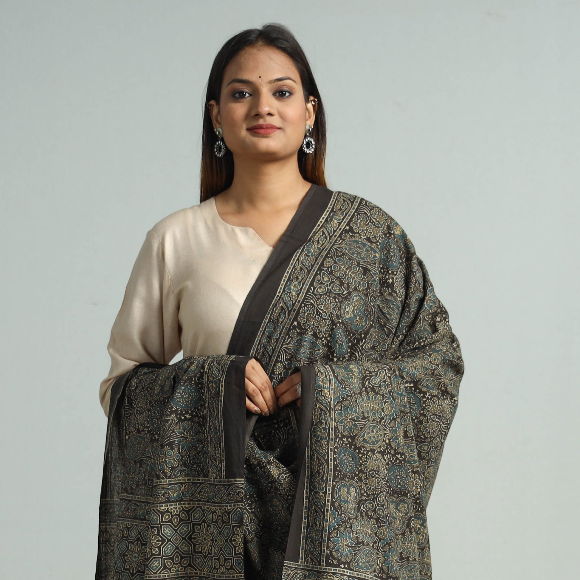 Brown - Hand Block Printed Cotton Ajrakh Dupatta 80