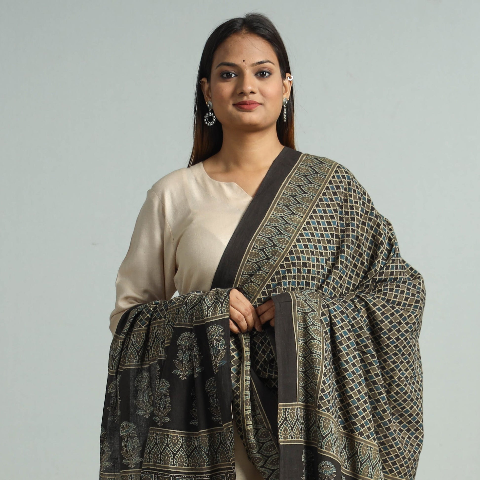 Brown - Hand Block Printed Cotton Ajrakh Dupatta 81