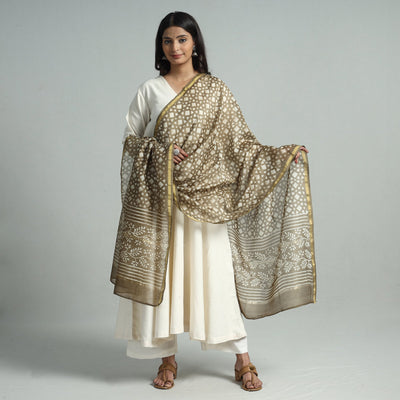 Brown - Pipad Block Printed Chanderi Silk Handloom Dupatta 05