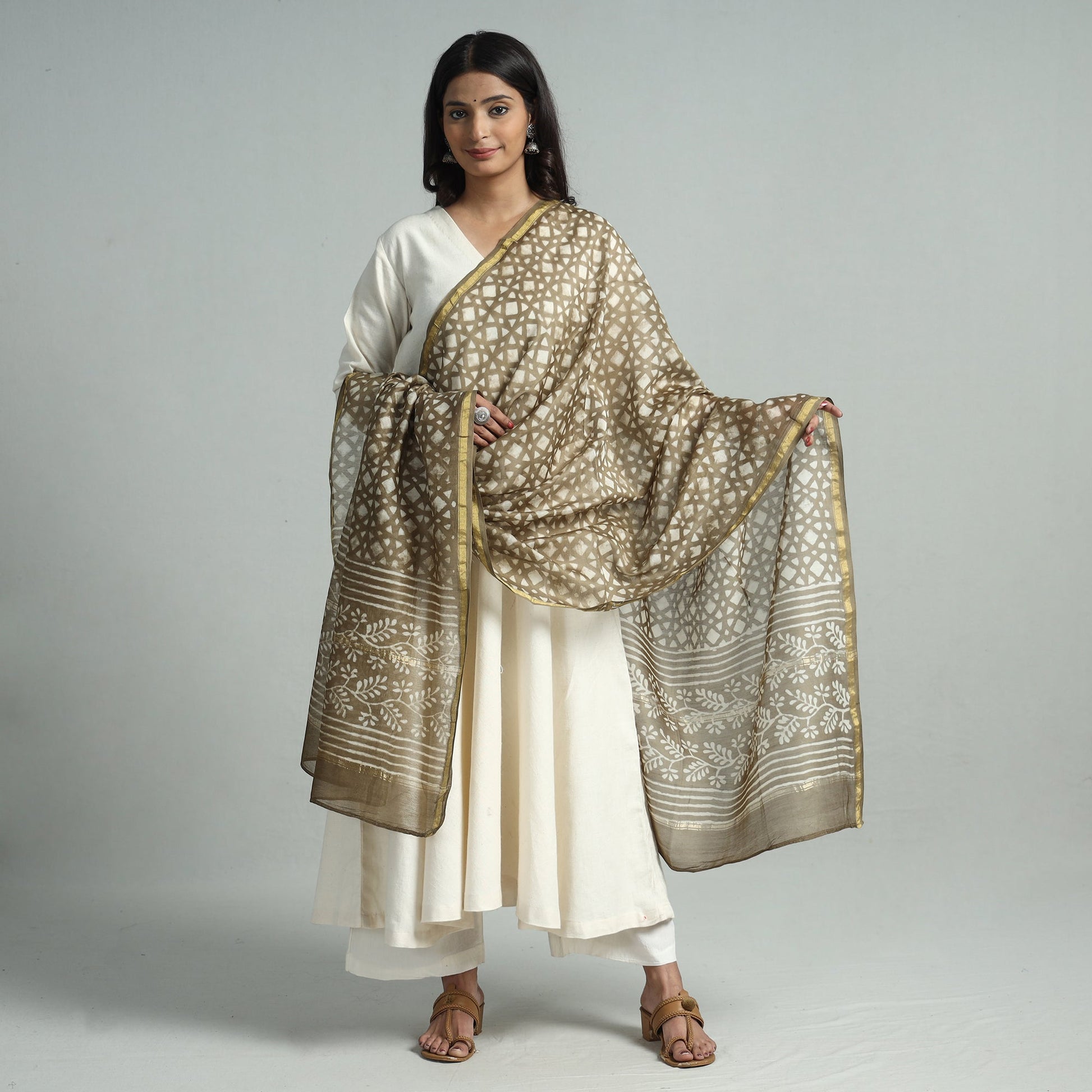 Brown - Pipad Block Printed Chanderi Silk Handloom Dupatta 05