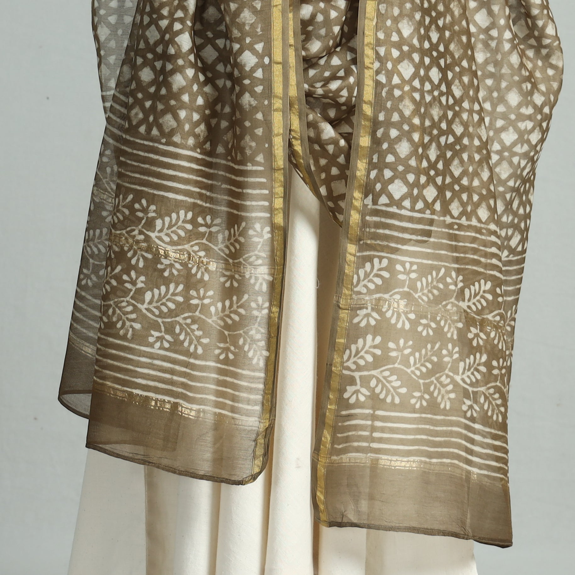 Brown - Pipad Block Printed Chanderi Silk Handloom Dupatta 05