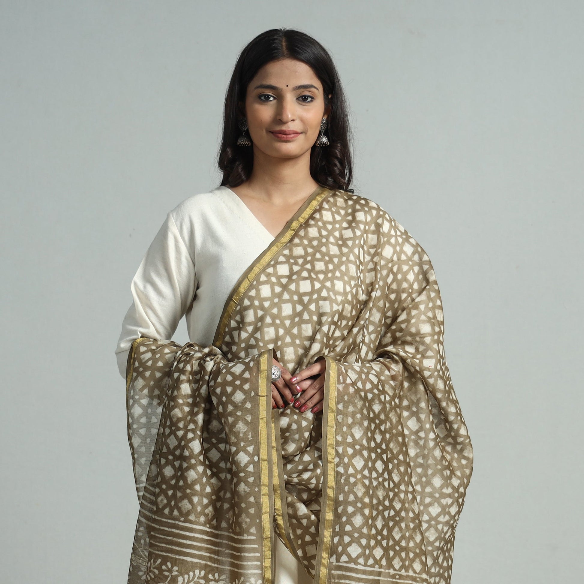 Brown - Pipad Block Printed Chanderi Silk Handloom Dupatta 05