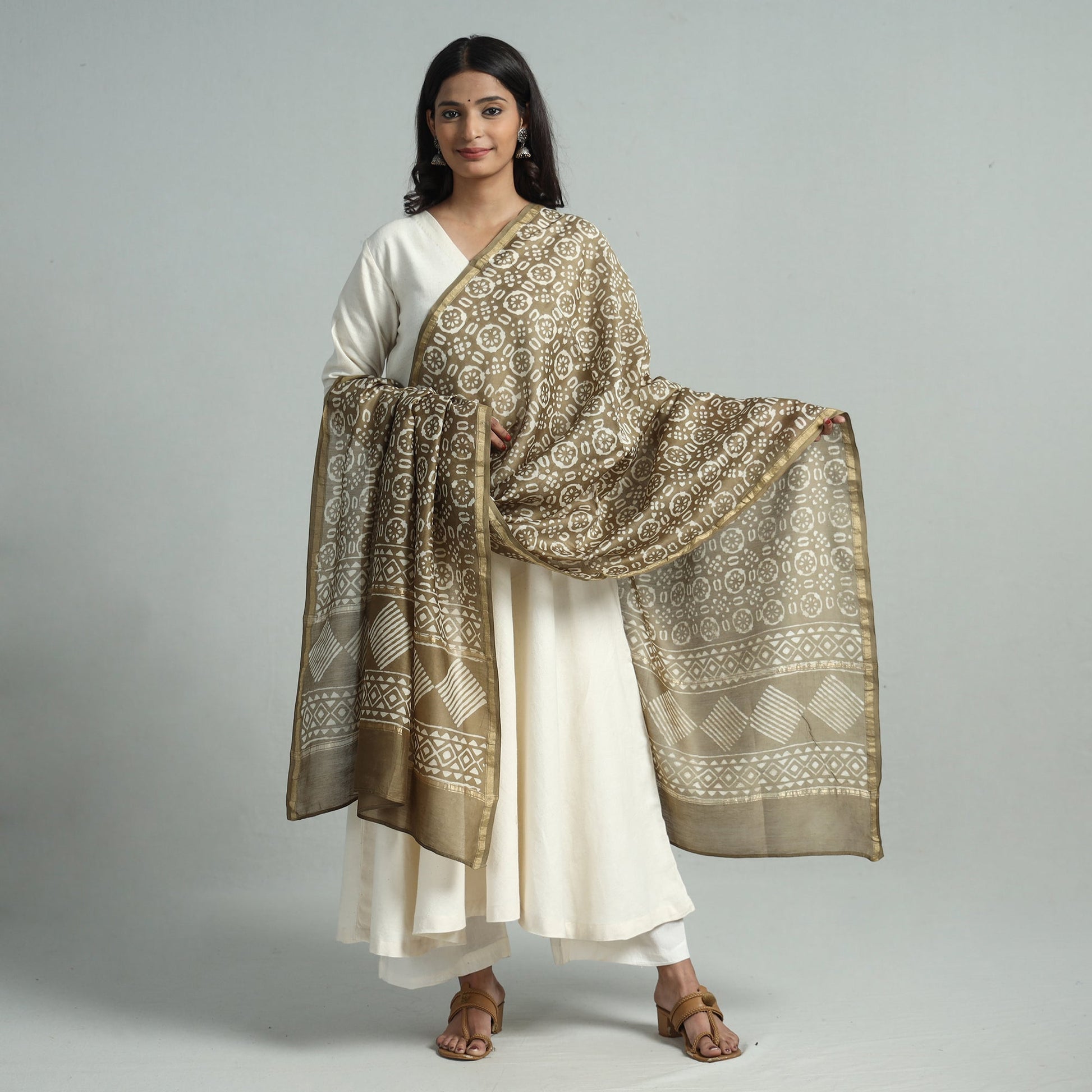 Brown - Pipad Block Printed Chanderi Silk Handloom Dupatta 10