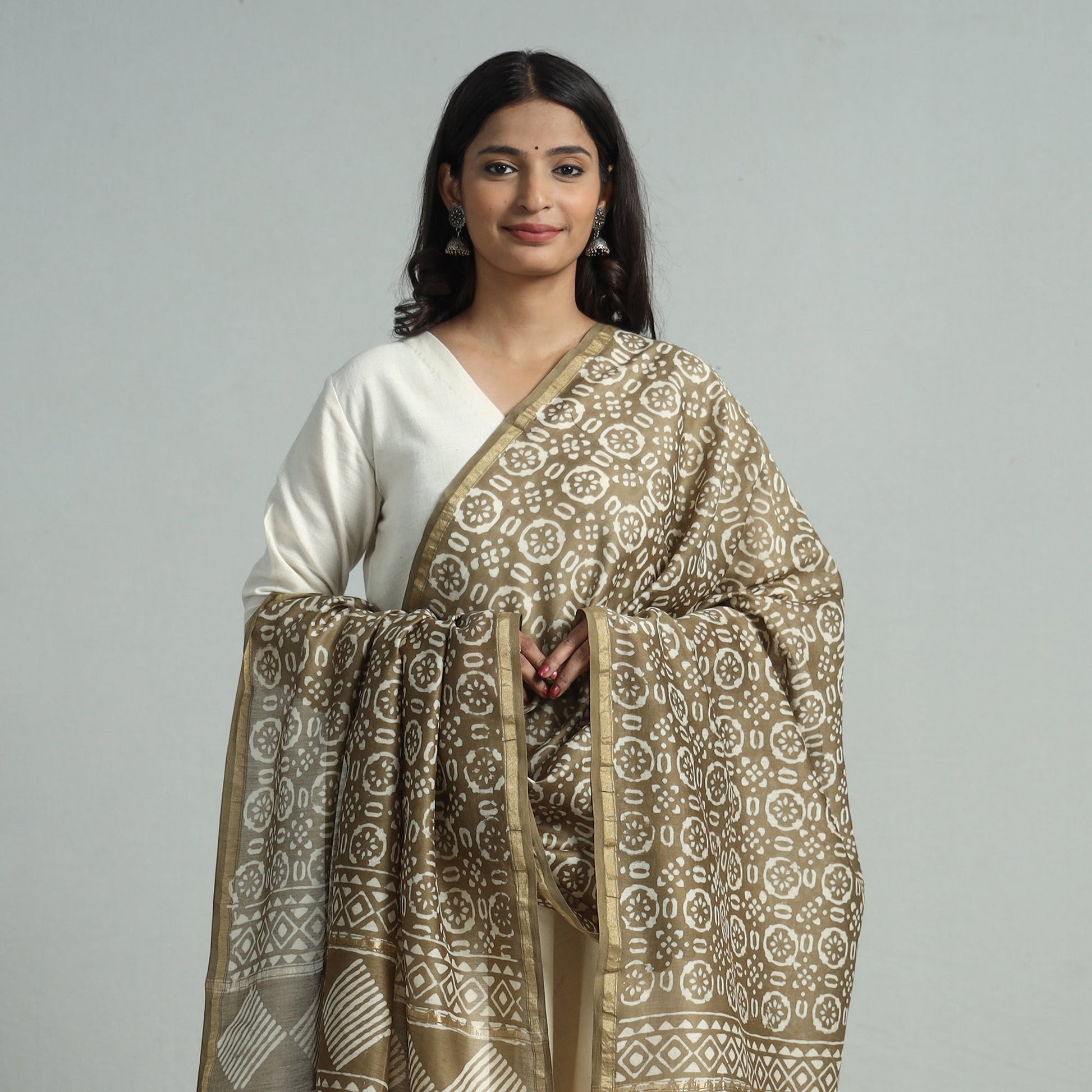 Brown - Pipad Block Printed Chanderi Silk Handloom Dupatta 10