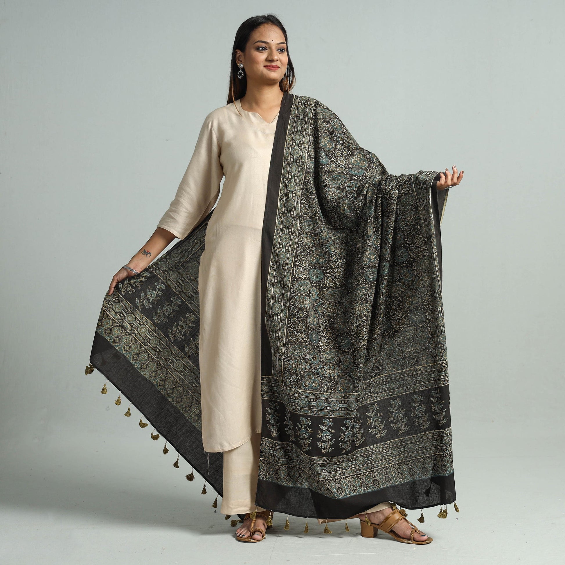 Black - Hand Block Printed Cotton Ajrakh Dupatta 93