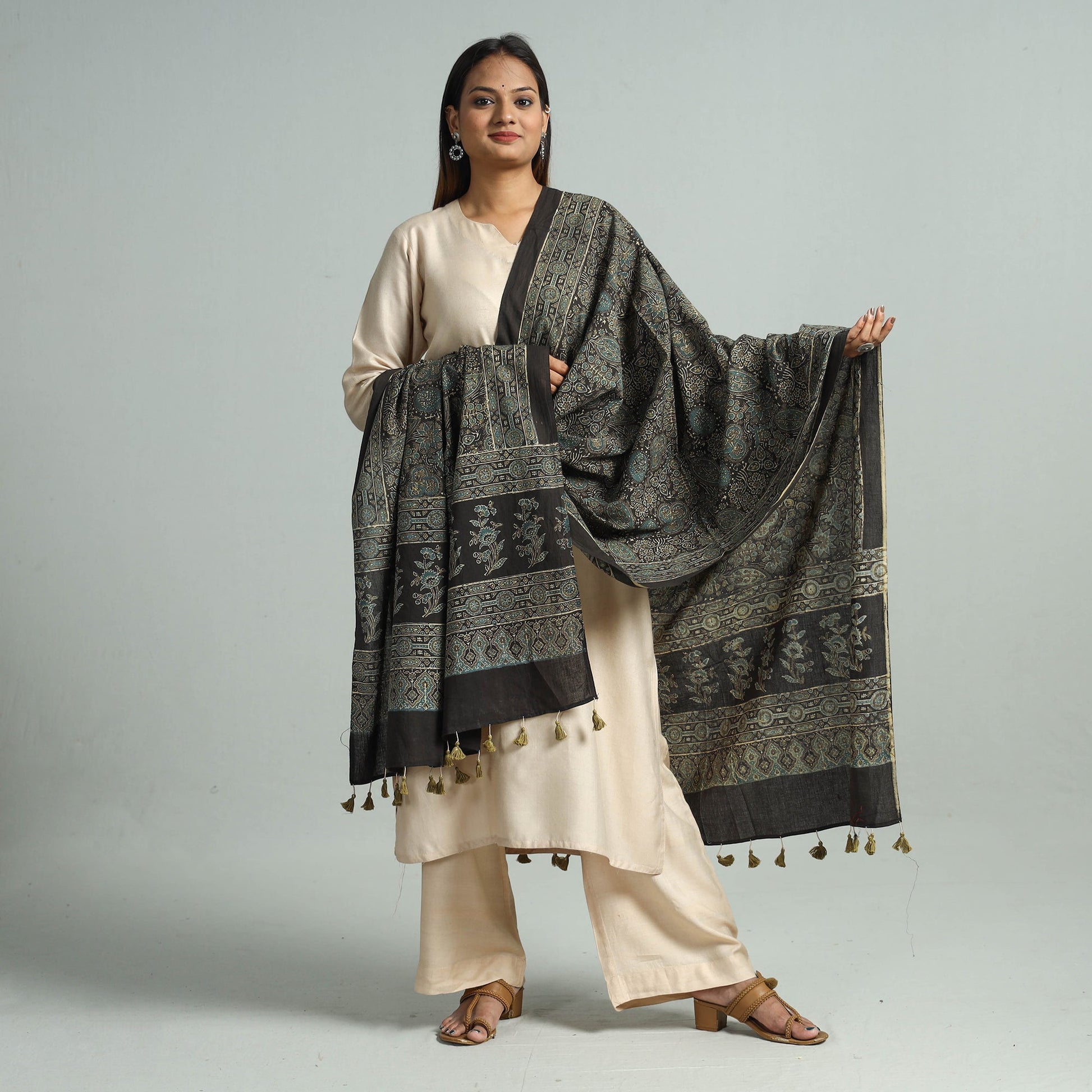 Black - Hand Block Printed Cotton Ajrakh Dupatta 93