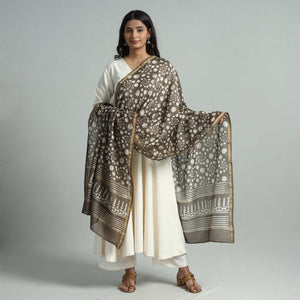 Brown - Pipad Block Printed Chanderi Silk Handloom Dupatta 13