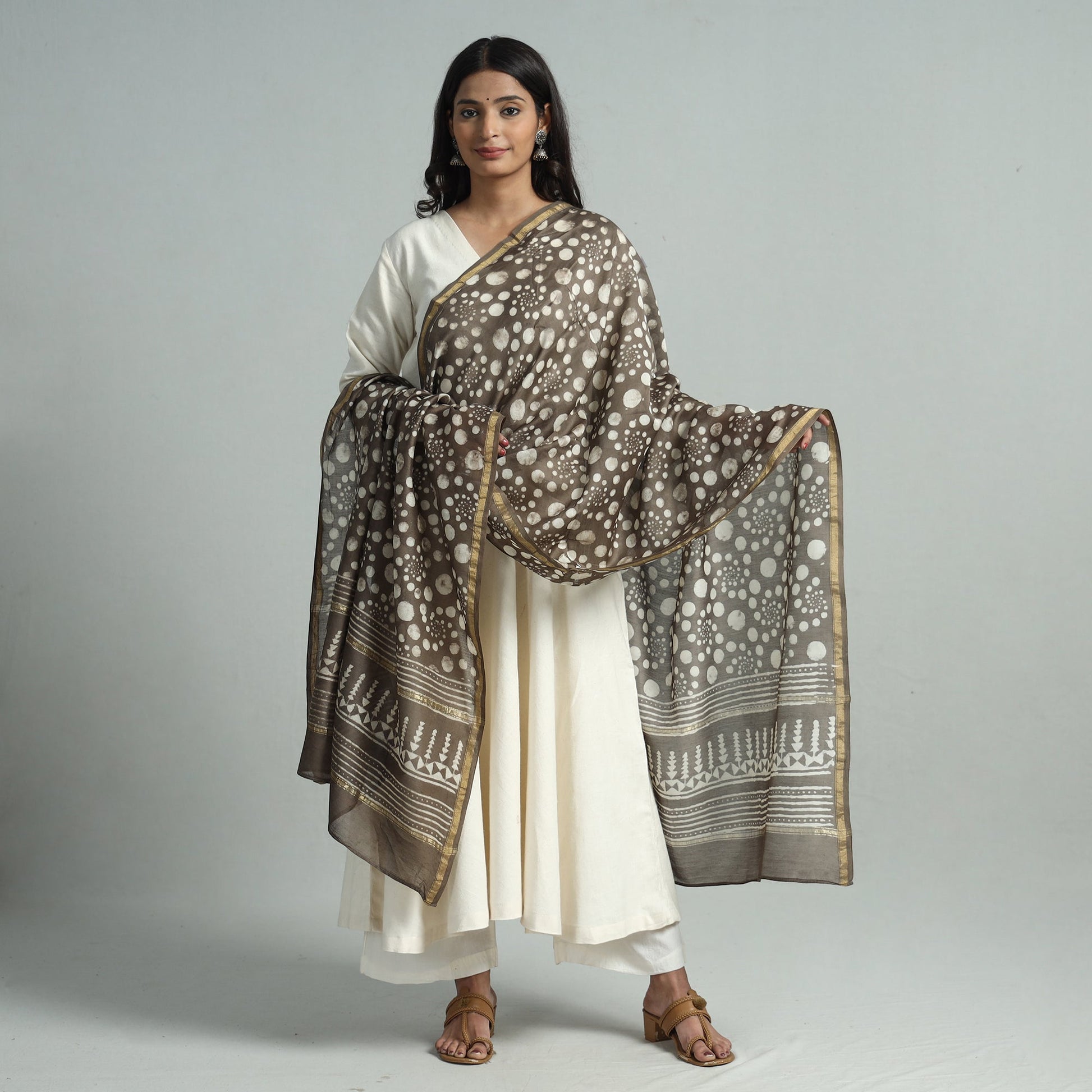 Brown - Pipad Block Printed Chanderi Silk Handloom Dupatta 13