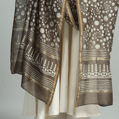 Brown - Pipad Block Printed Chanderi Silk Handloom Dupatta 13