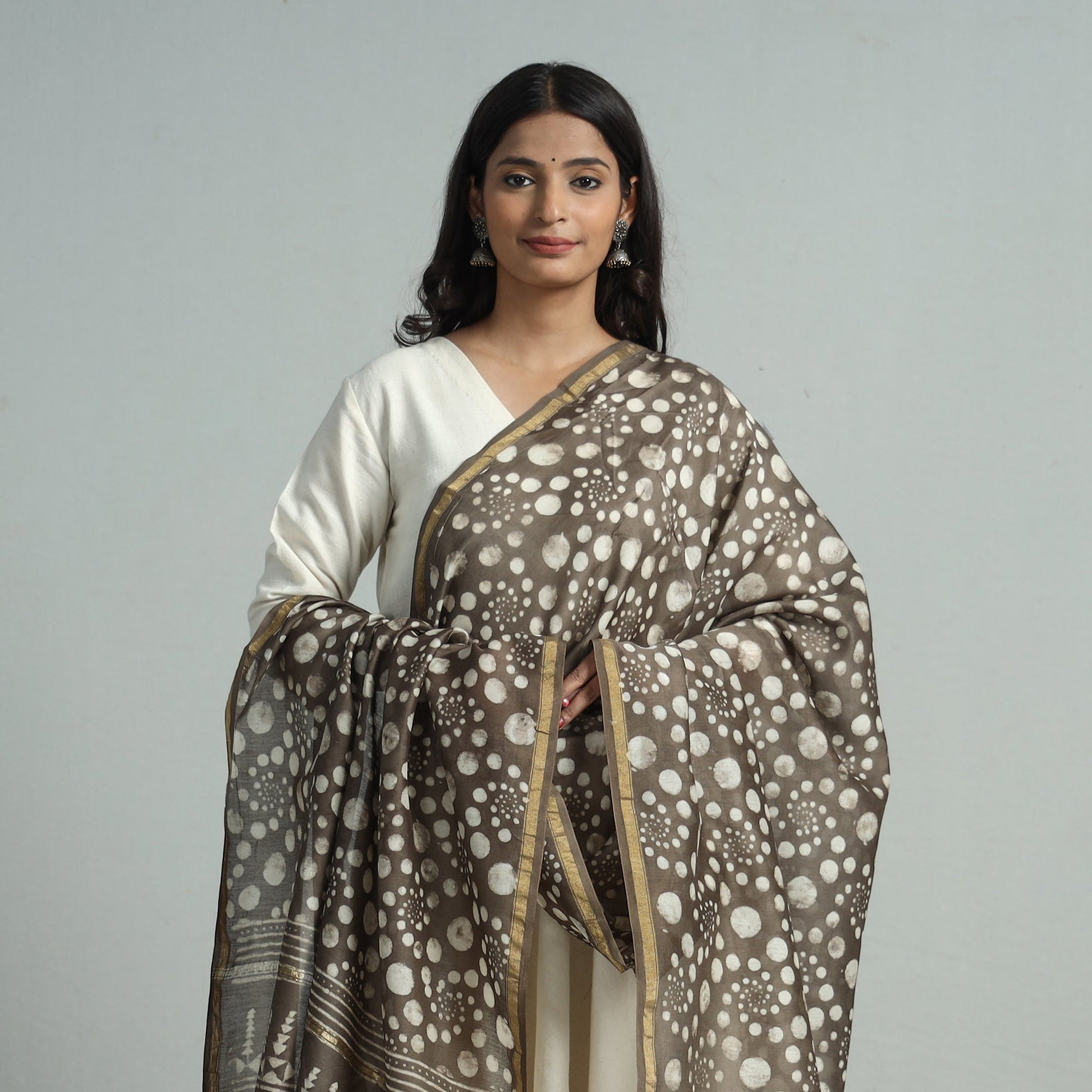 Brown - Pipad Block Printed Chanderi Silk Handloom Dupatta 13