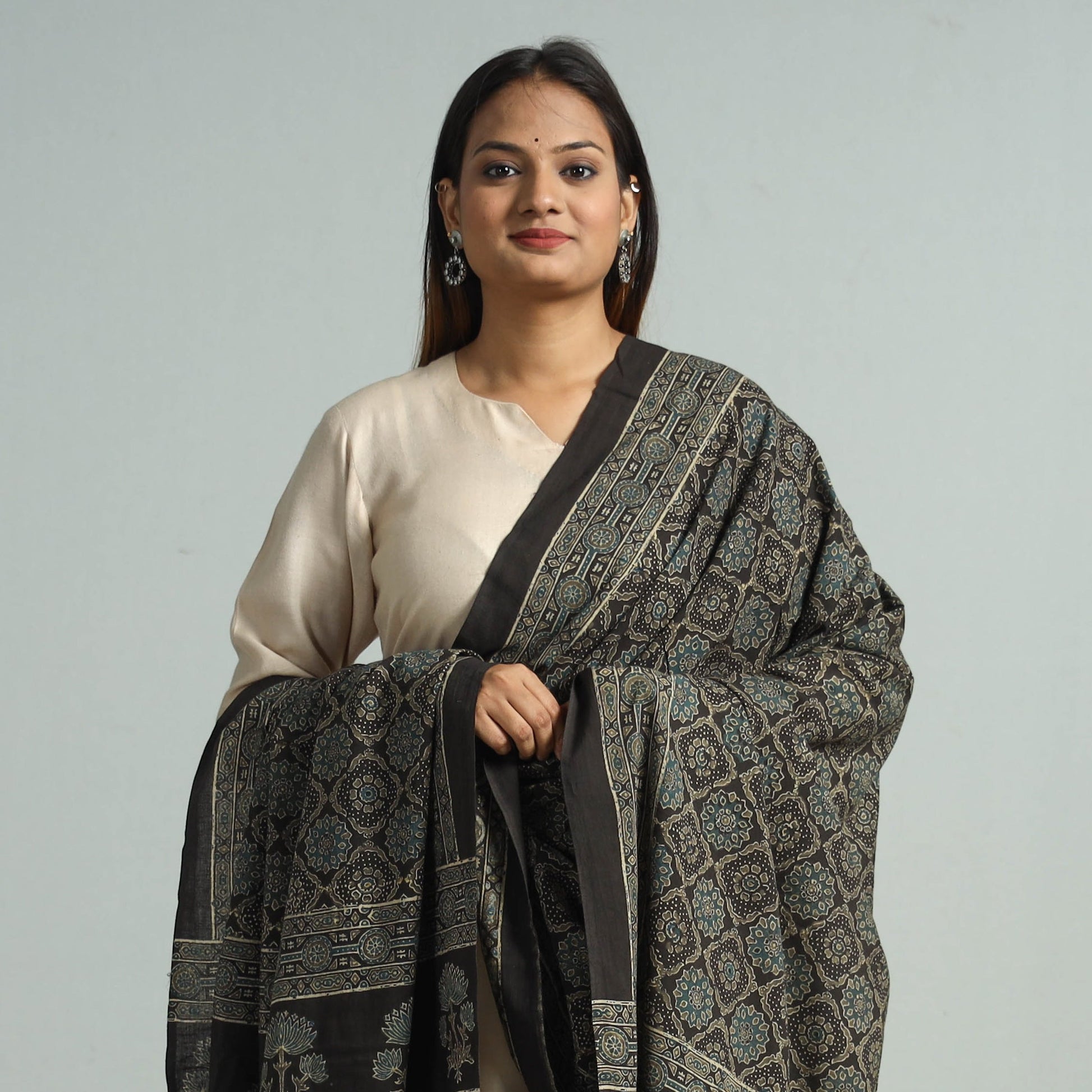 Black - Hand Block Printed Cotton Ajrakh Dupatta 94