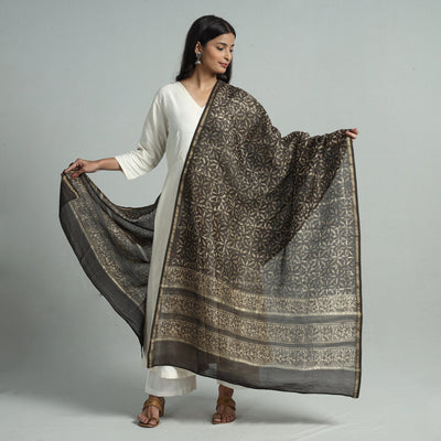 Brown - Pipad Block Printed Chanderi Silk Handloom Dupatta 16