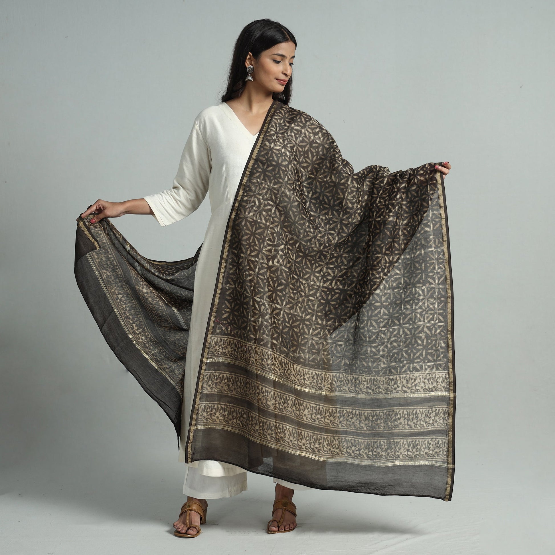 Brown - Pipad Block Printed Chanderi Silk Handloom Dupatta 16