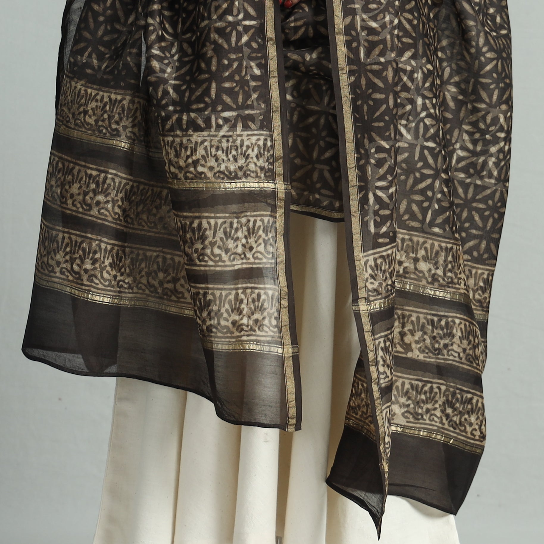 Brown - Pipad Block Printed Chanderi Silk Handloom Dupatta 16