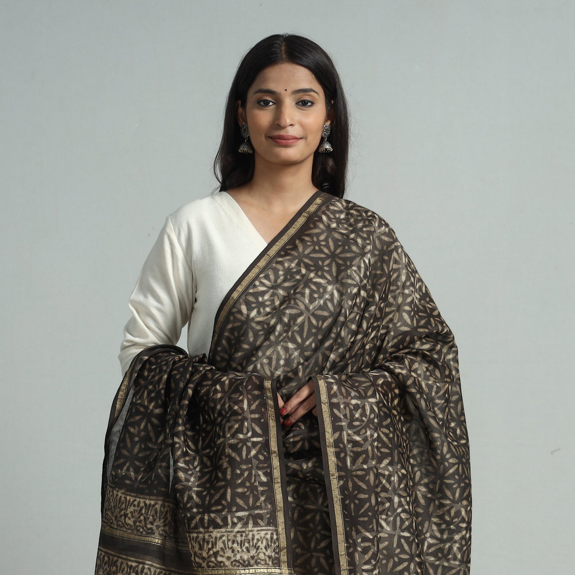Brown - Pipad Block Printed Chanderi Silk Handloom Dupatta 16