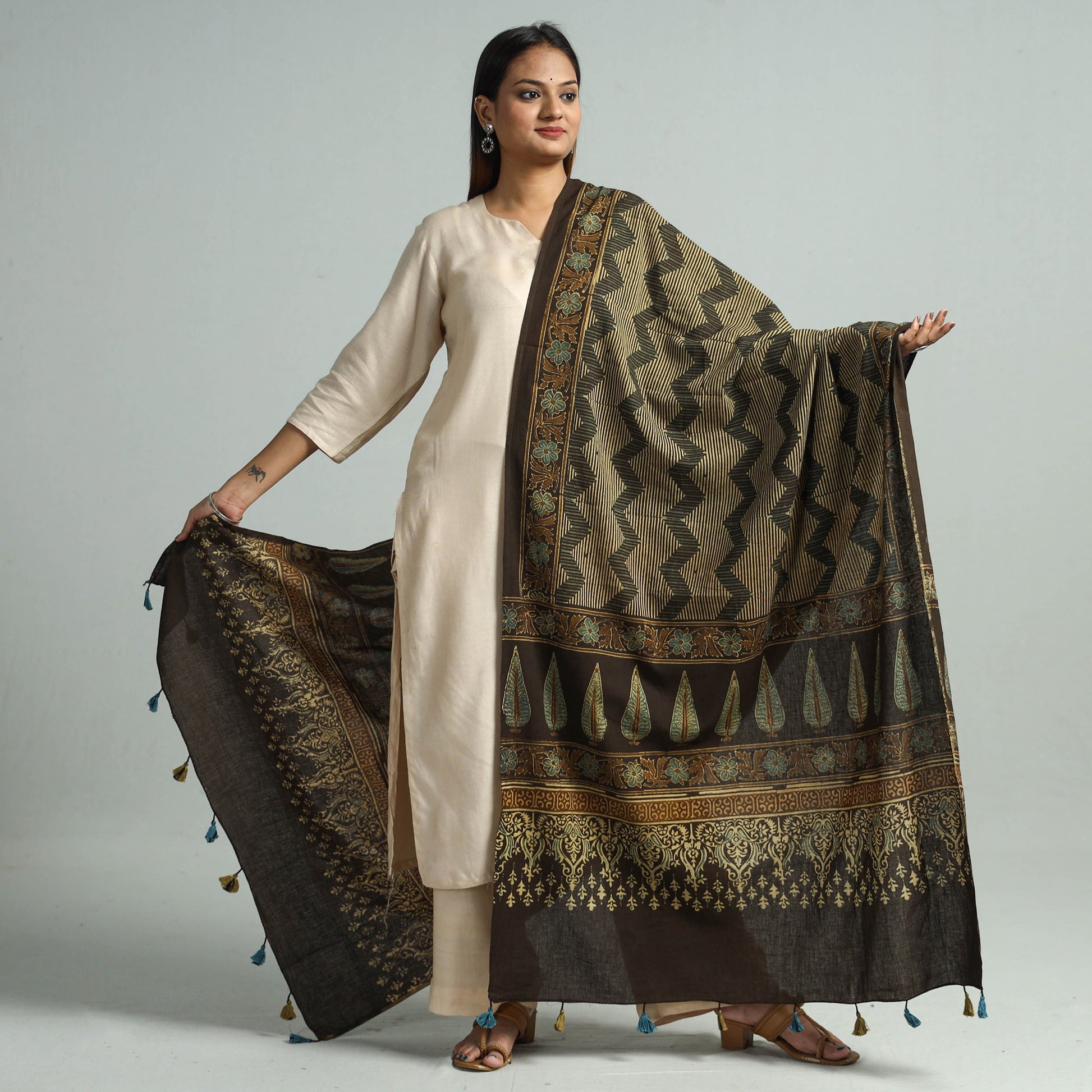 Brown - Hand Block Printed Cotton Ajrakh Dupatta 100