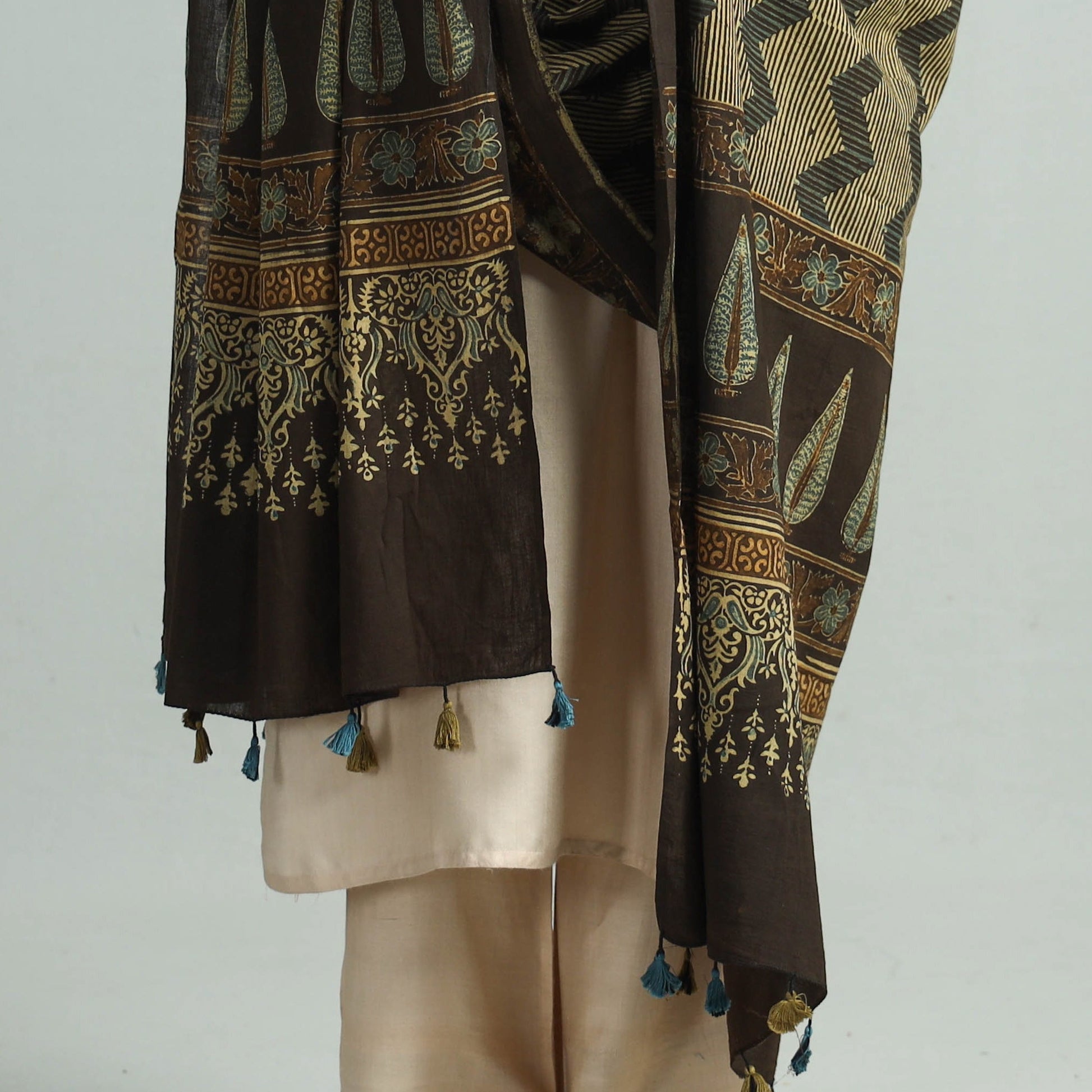 Brown - Hand Block Printed Cotton Ajrakh Dupatta 100