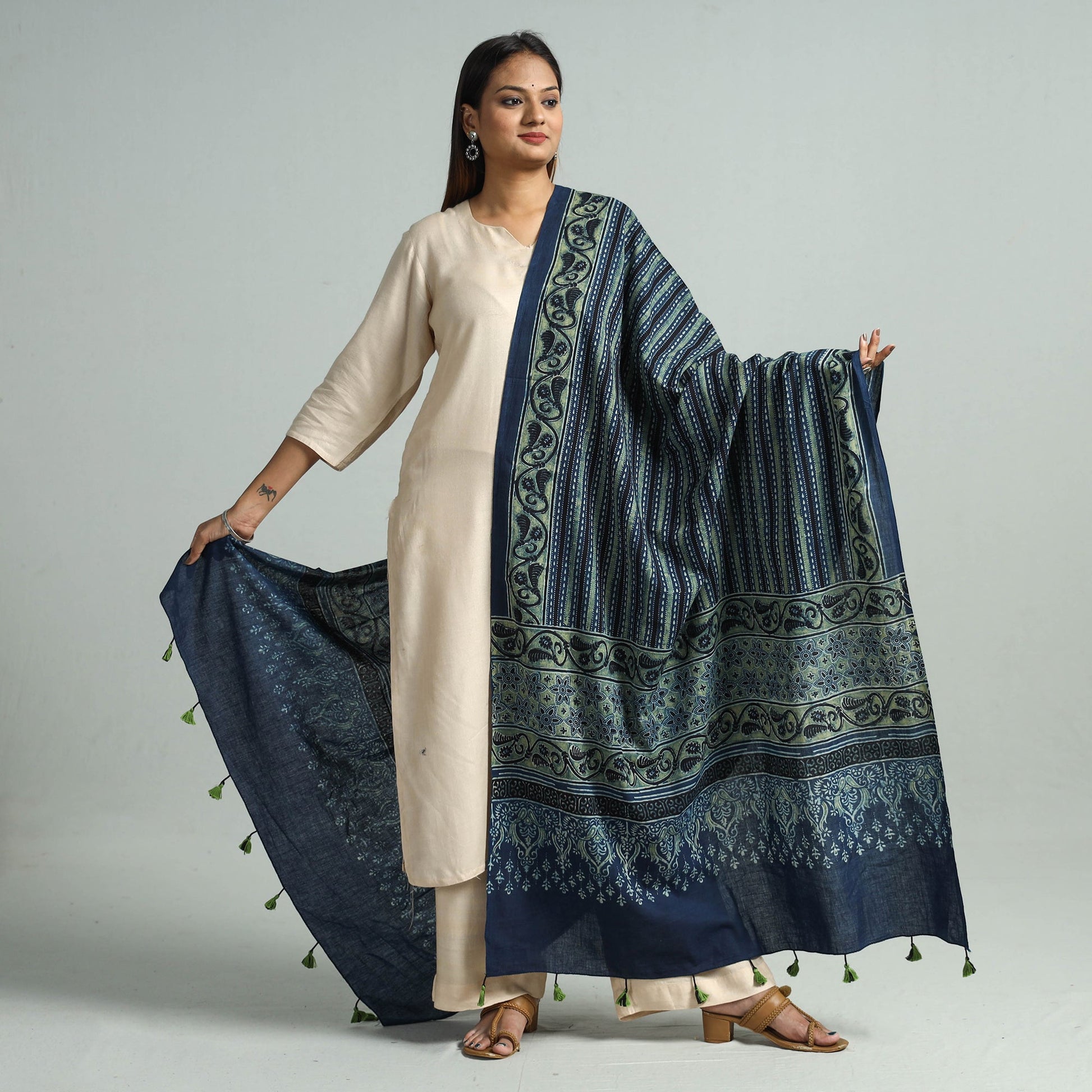 Blue - Hand Block Printed Cotton Ajrakh Dupatta 102