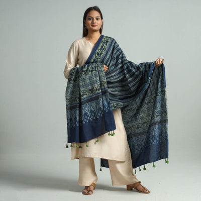 Blue - Hand Block Printed Cotton Ajrakh Dupatta 102