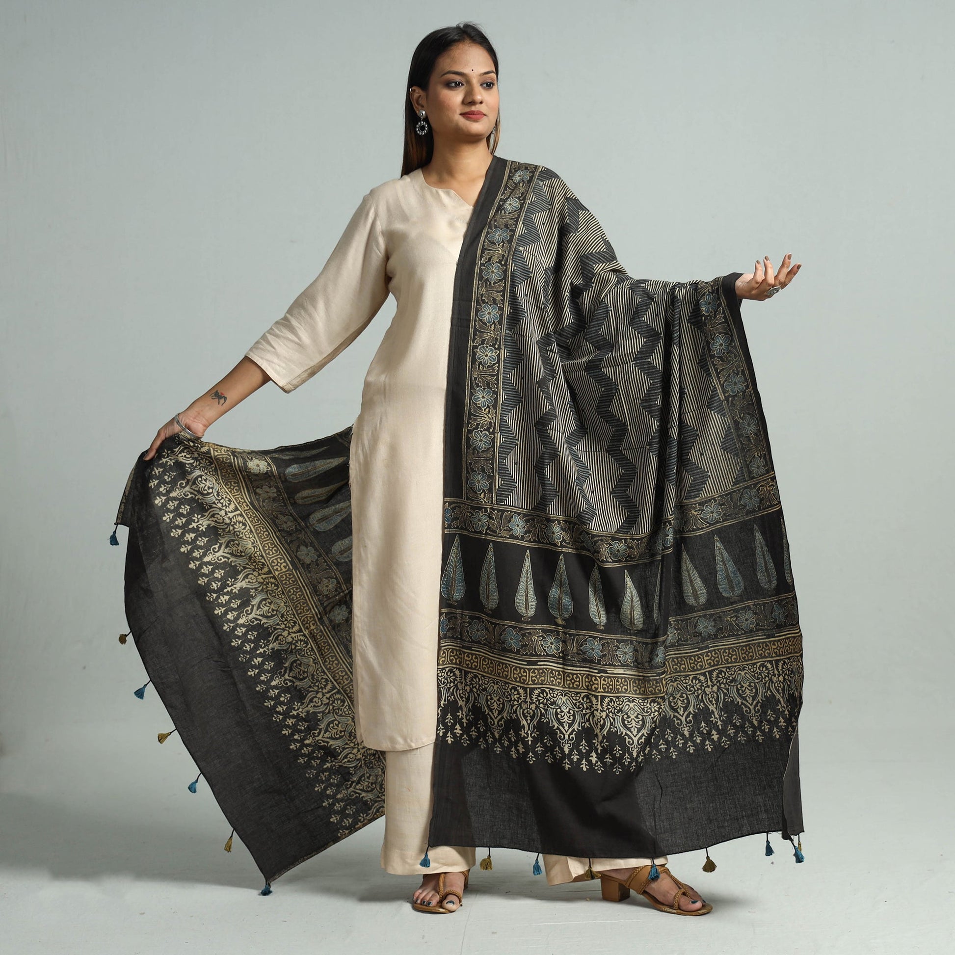 Brown - Hand Block Printed Cotton Ajrakh Dupatta 104