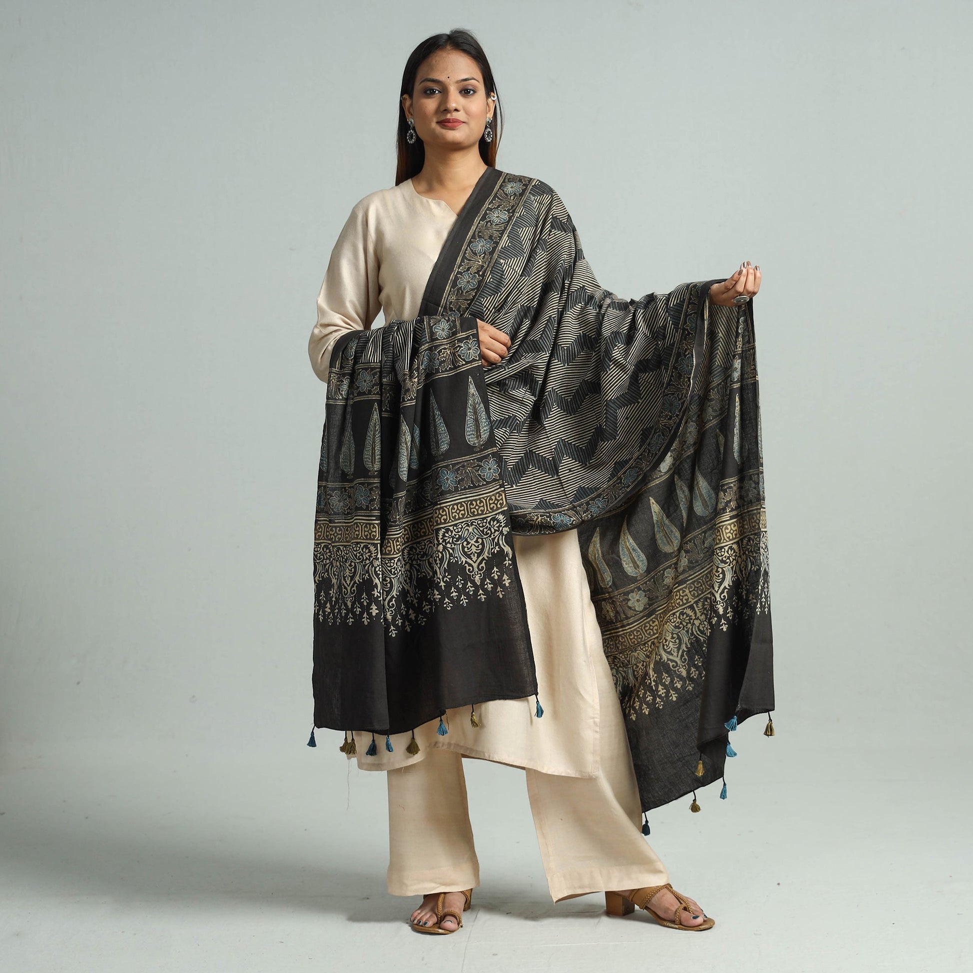 Brown - Hand Block Printed Cotton Ajrakh Dupatta 104