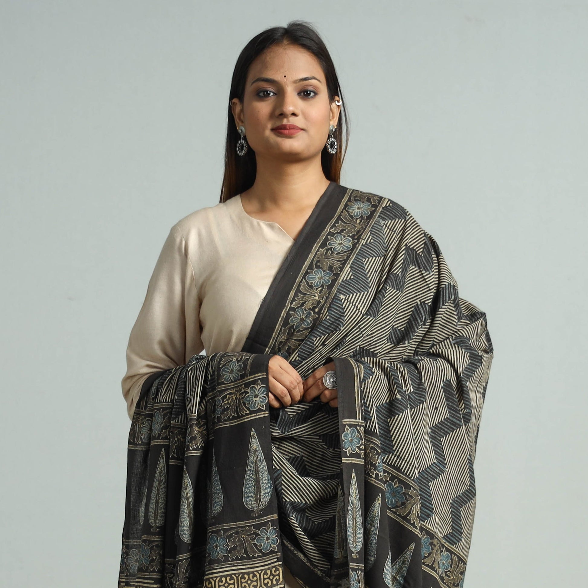 Brown - Hand Block Printed Cotton Ajrakh Dupatta 104