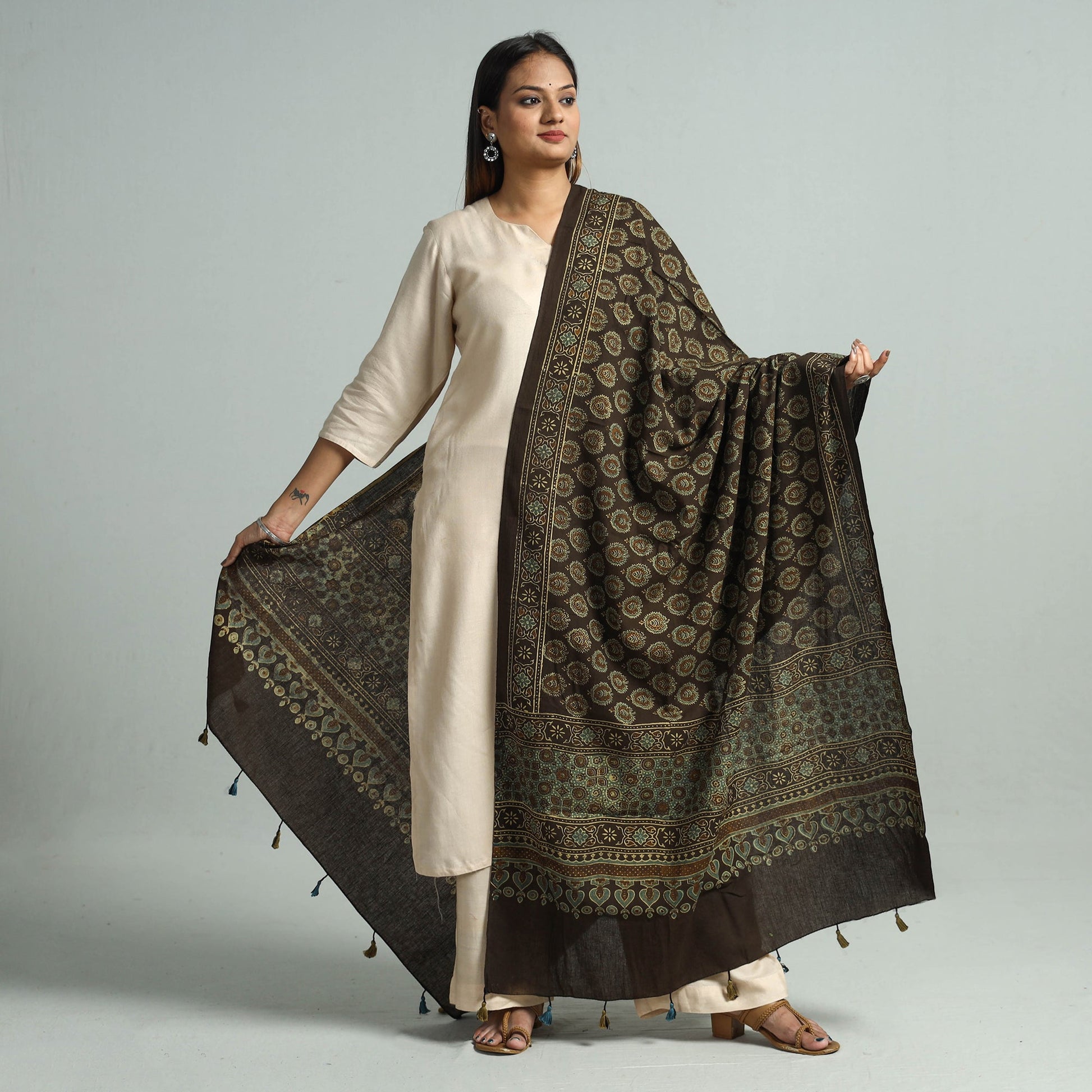 Brown - Hand Block Printed Cotton Ajrakh Dupatta 105