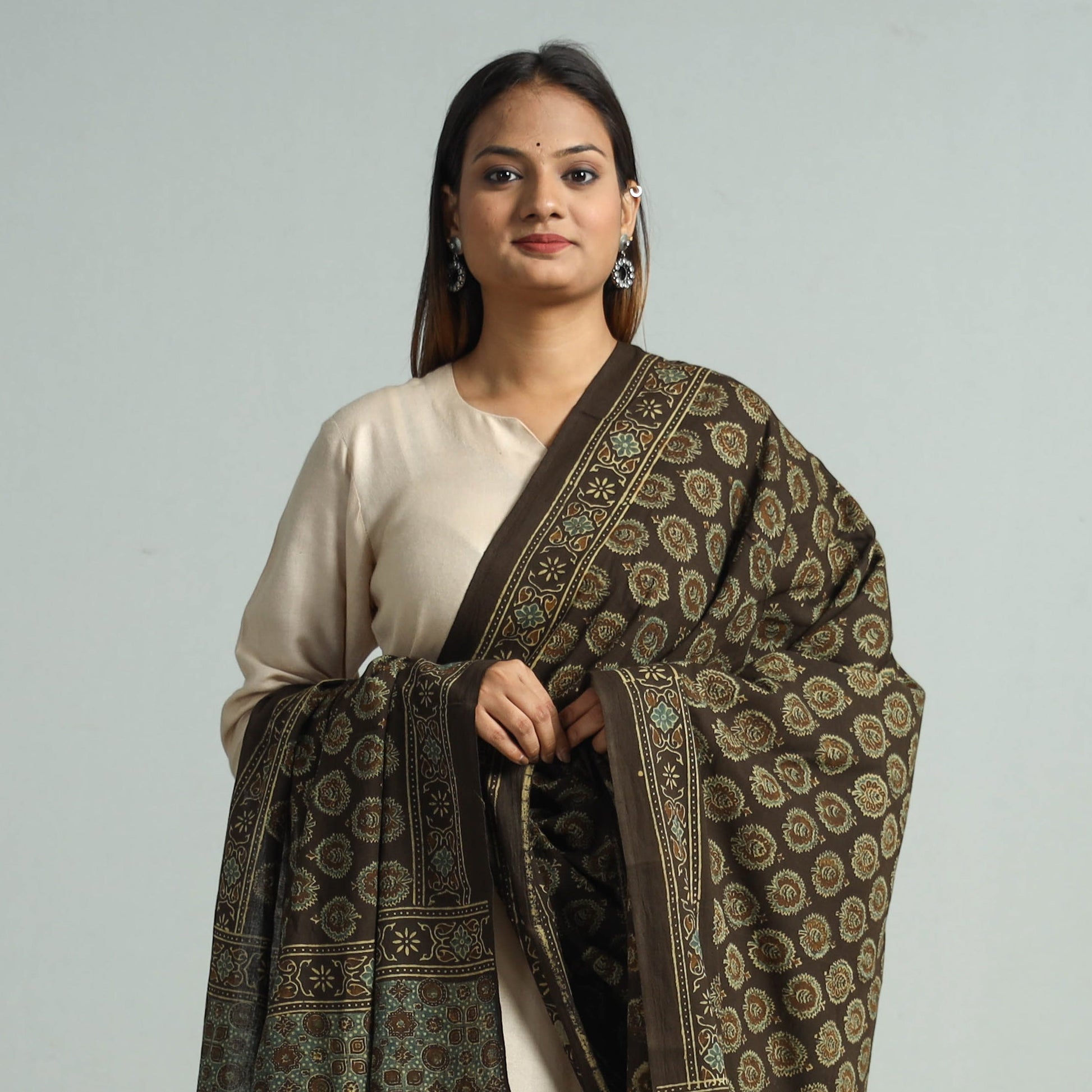 Brown - Hand Block Printed Cotton Ajrakh Dupatta 105