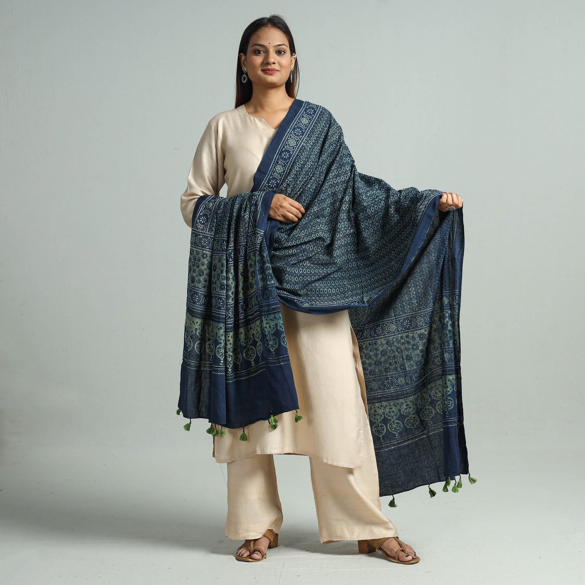 Blue - Hand Block Printed Cotton Ajrakh Dupatta 106
