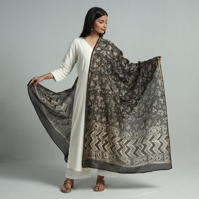 Brown - Pipad Block Printed Chanderi Silk Handloom Dupatta 26