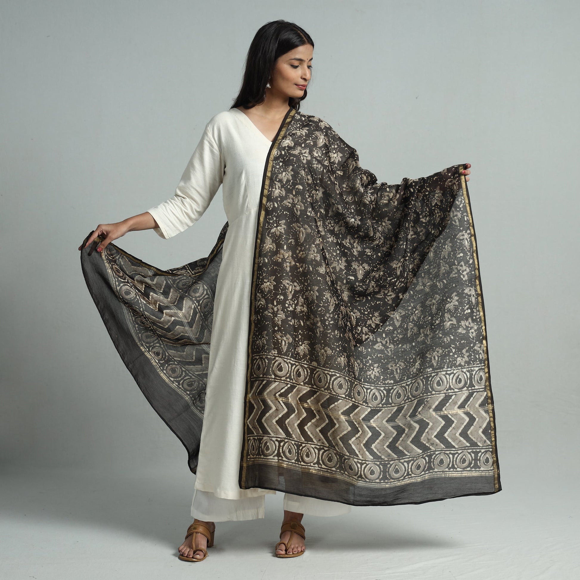 Brown - Pipad Block Printed Chanderi Silk Handloom Dupatta 26