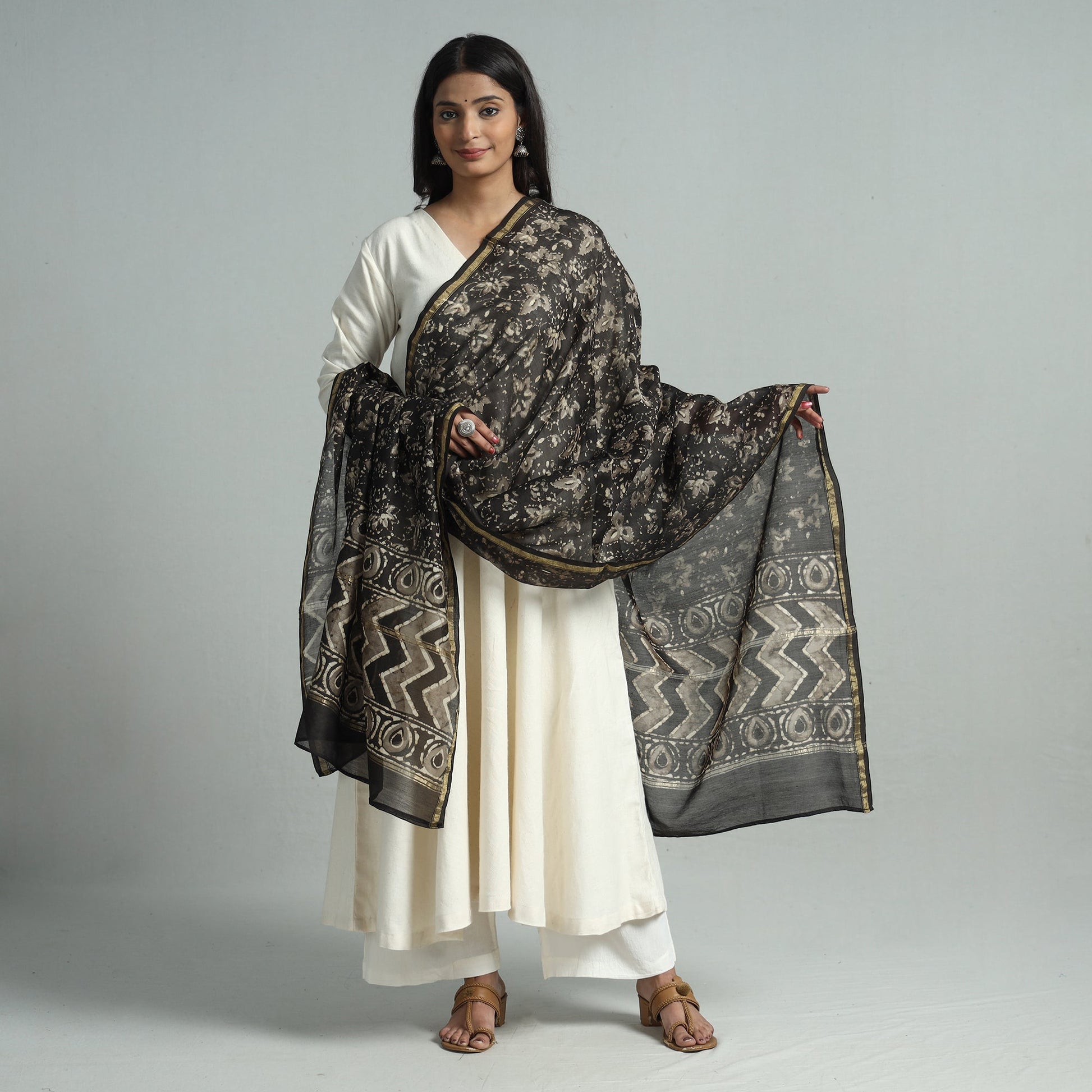 Brown - Pipad Block Printed Chanderi Silk Handloom Dupatta 26