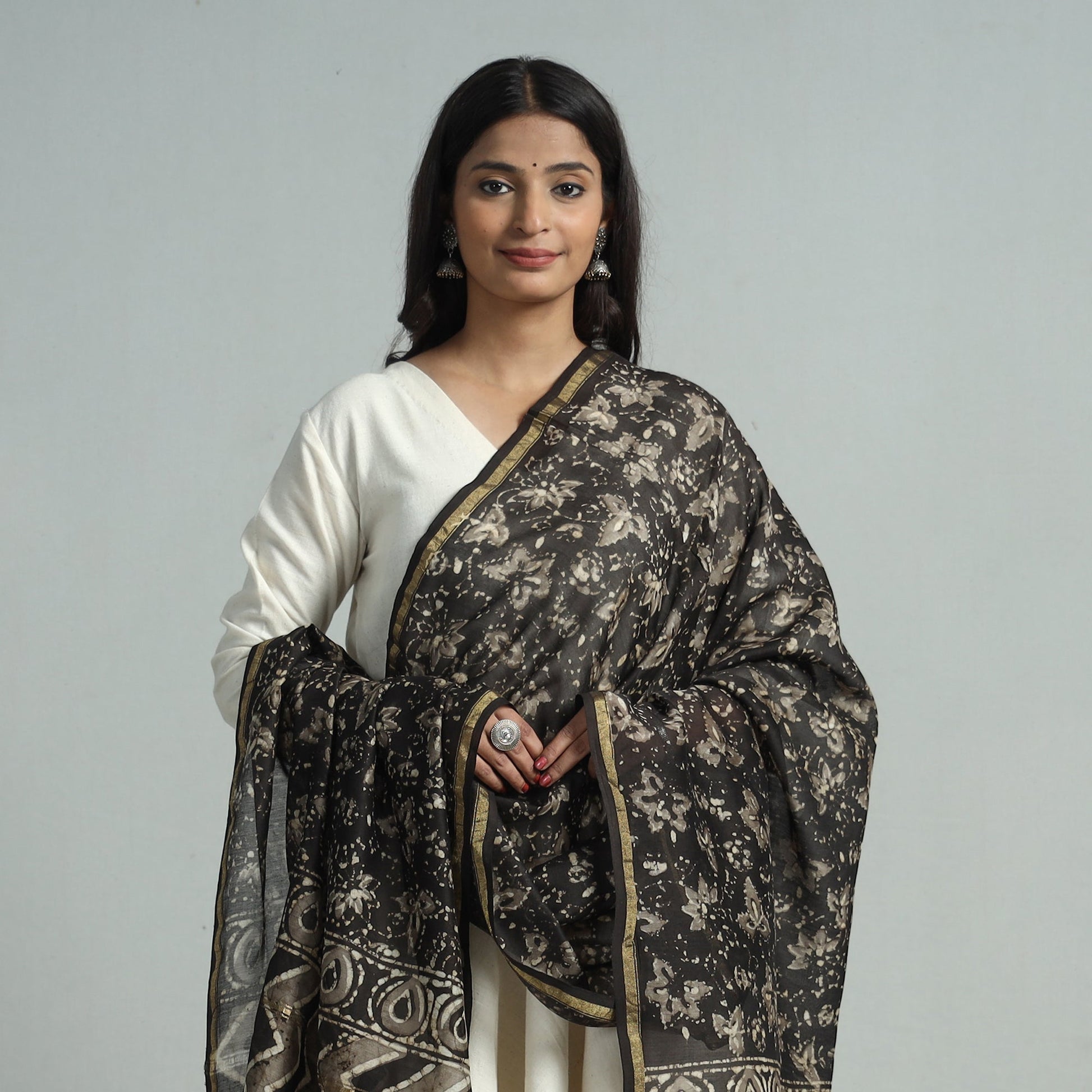 Brown - Pipad Block Printed Chanderi Silk Handloom Dupatta 26