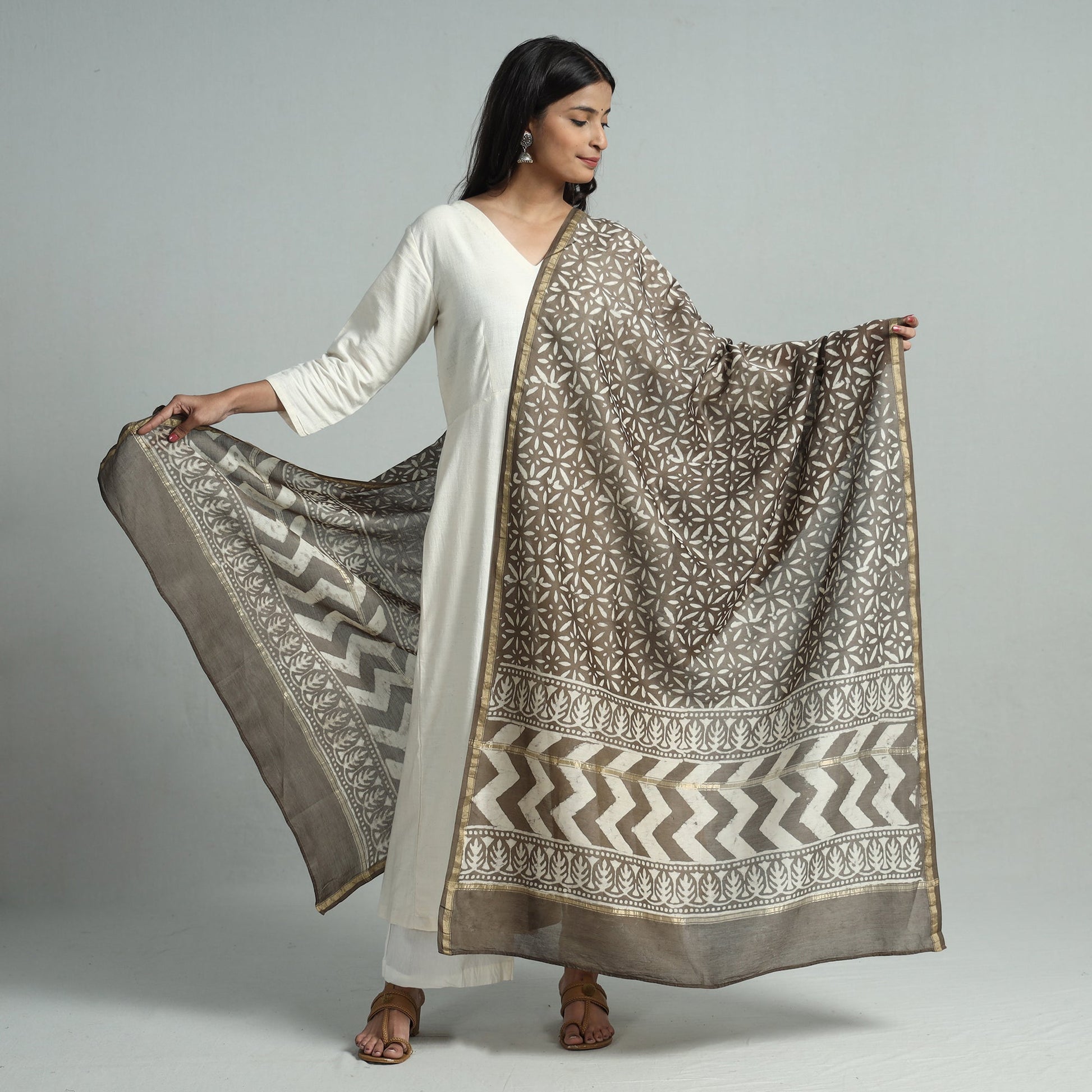 Brown - Pipad Block Printed Chanderi Silk Handloom Dupatta 29