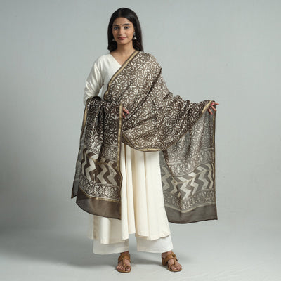 Brown - Pipad Block Printed Chanderi Silk Handloom Dupatta 29