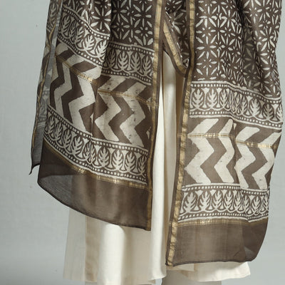 Brown - Pipad Block Printed Chanderi Silk Handloom Dupatta 29