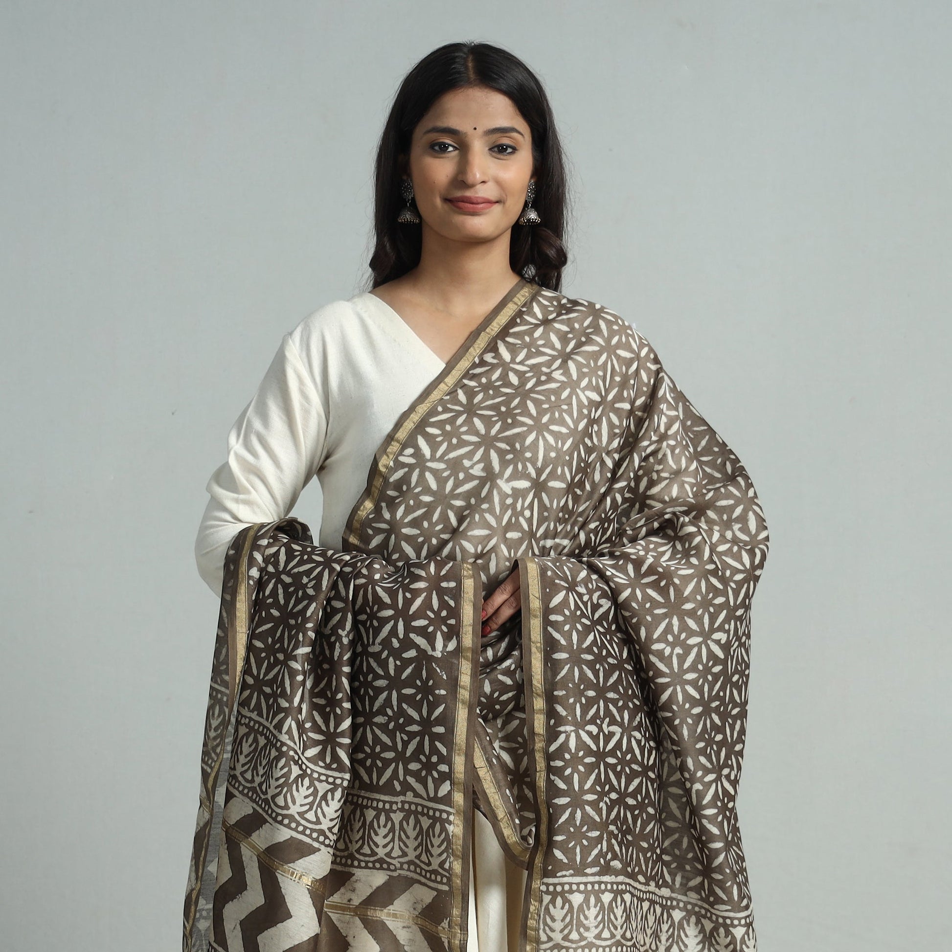 Brown - Pipad Block Printed Chanderi Silk Handloom Dupatta 29