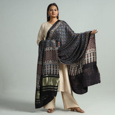 Black - Modal Silk Block Print Ajrakh Dupatta 115