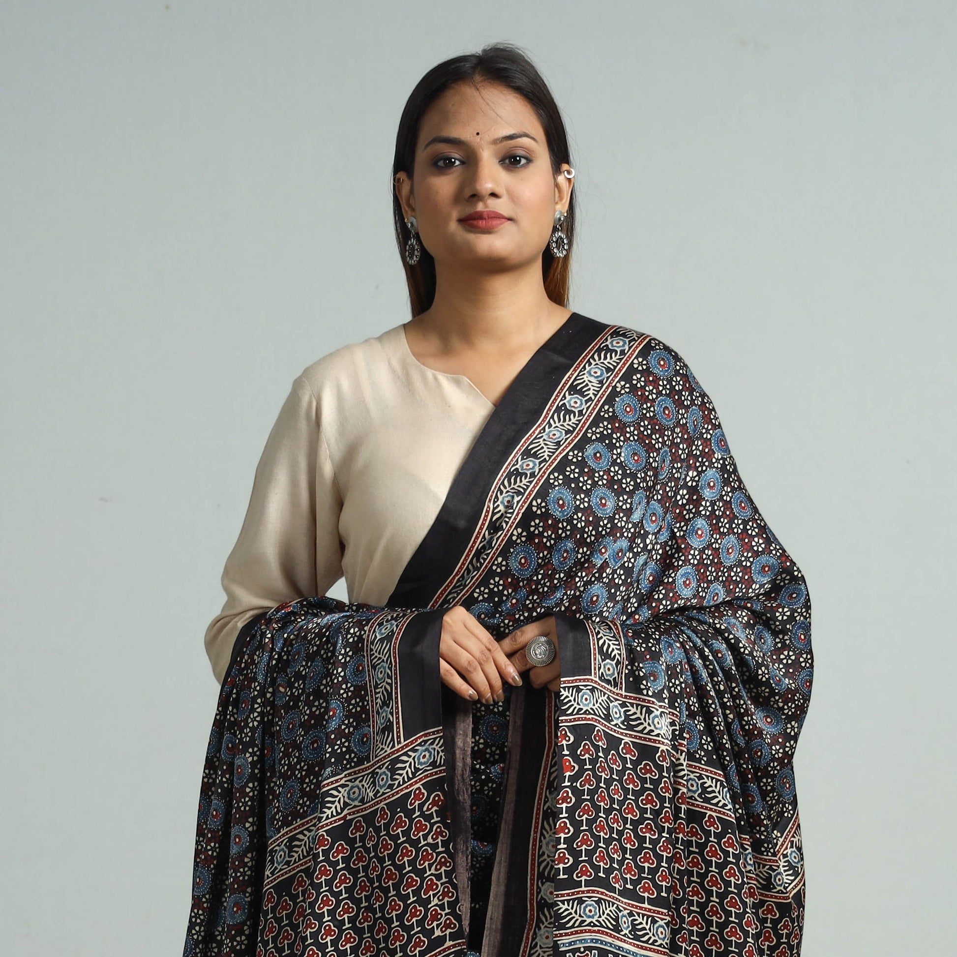 Black - Modal Silk Block Print Ajrakh Dupatta 115