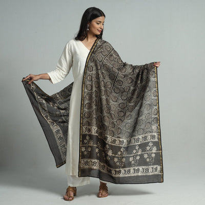 Brown - Pipad Block Printed Chanderi Silk Handloom Dupatta 36