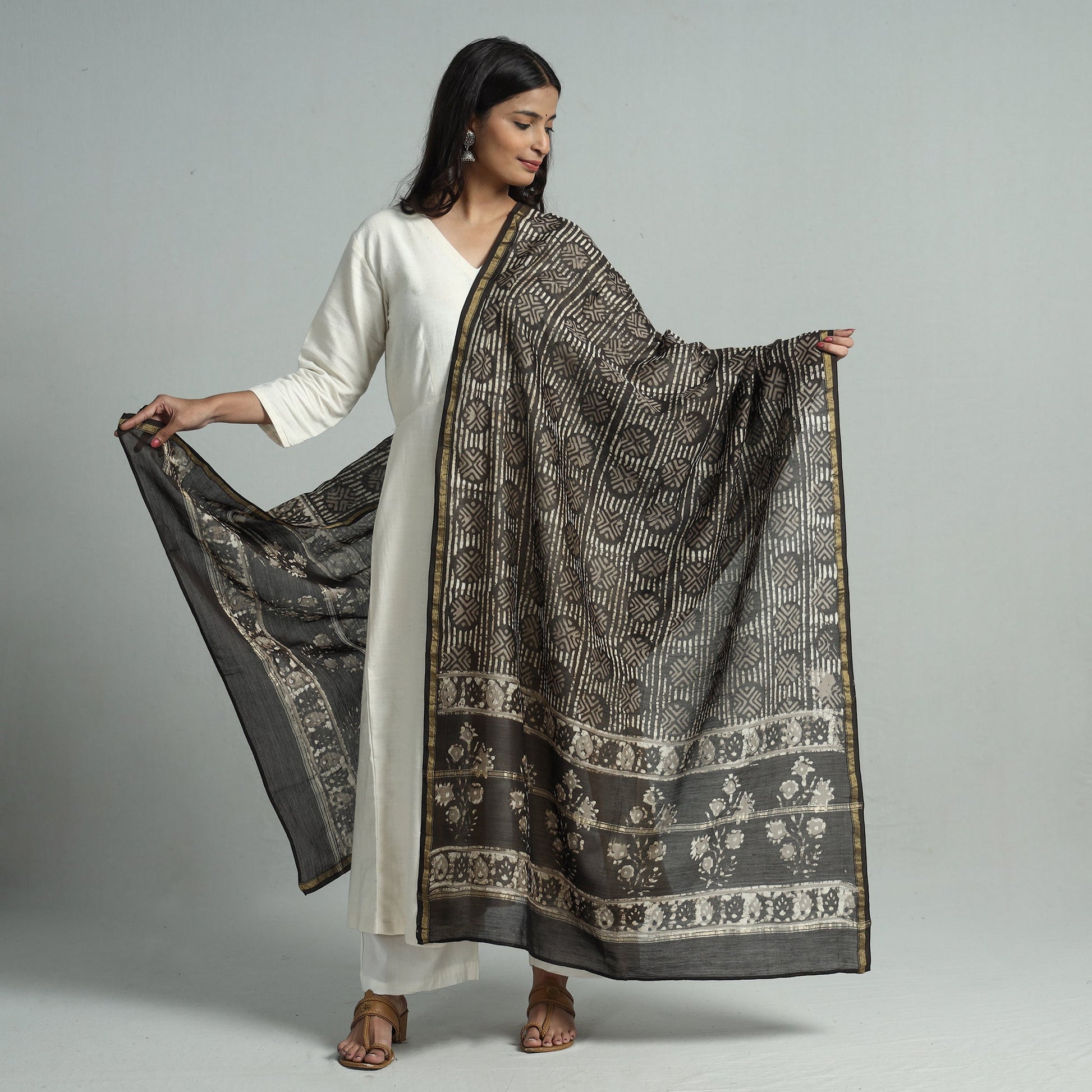 Brown - Pipad Block Printed Chanderi Silk Handloom Dupatta 36